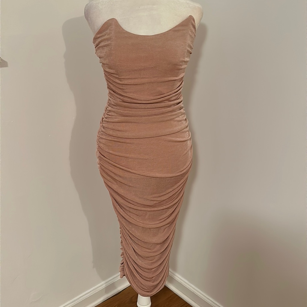nude strappy mesh ruched midaxi dress Nude Strappy Mesh Ruched Midaxi Dress - Size 10
